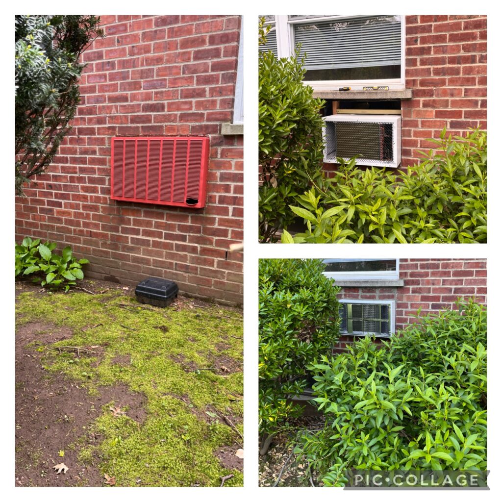 A wall with a brick layout, featuring an AC compressor outside and some green trees nearby, creating a harmonious outdoor environment